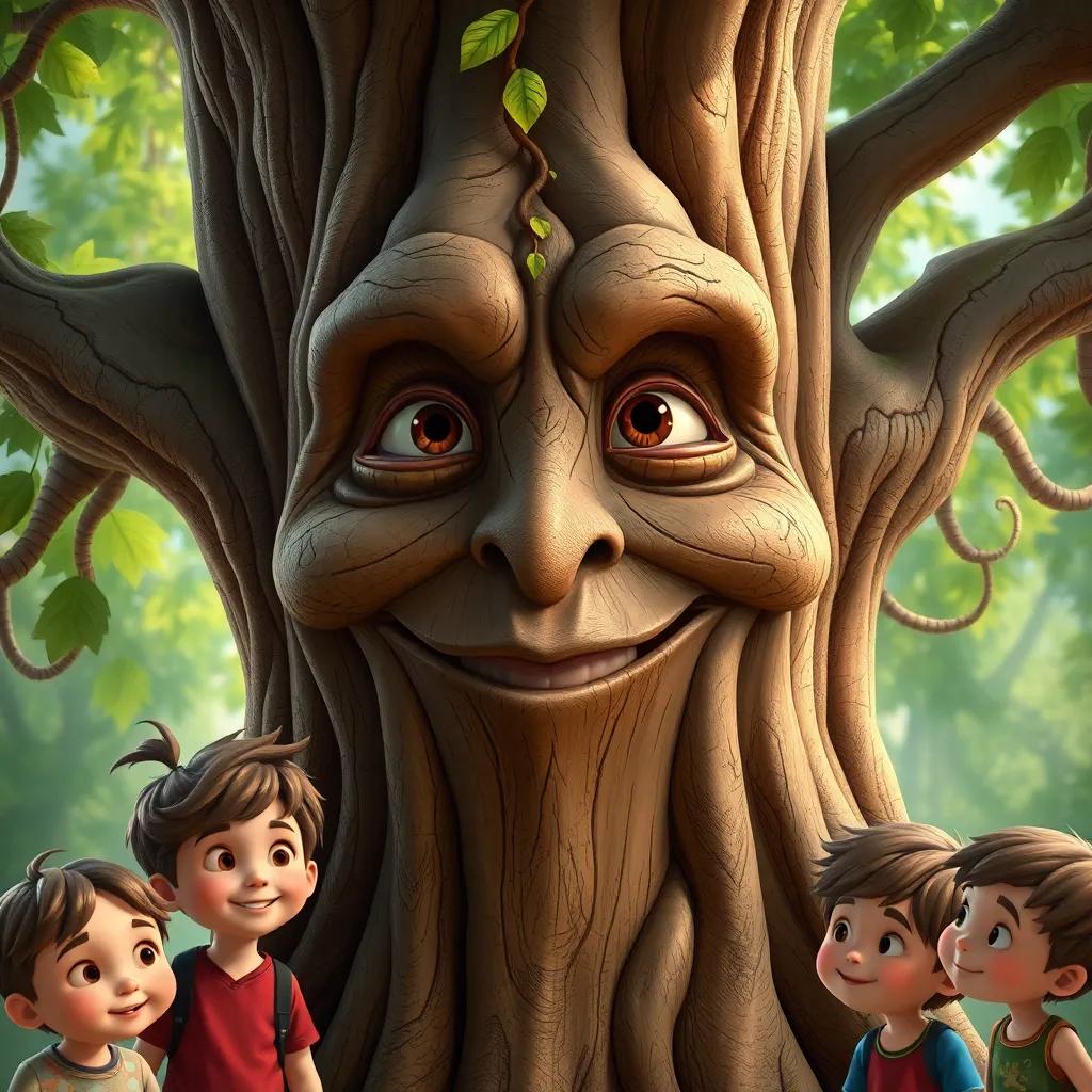 A close-up of the ancient tree with its wise face smiling, textures of the bark and leaves, surrounded by attentive children, vivid colors, enchanting detail, digital painting