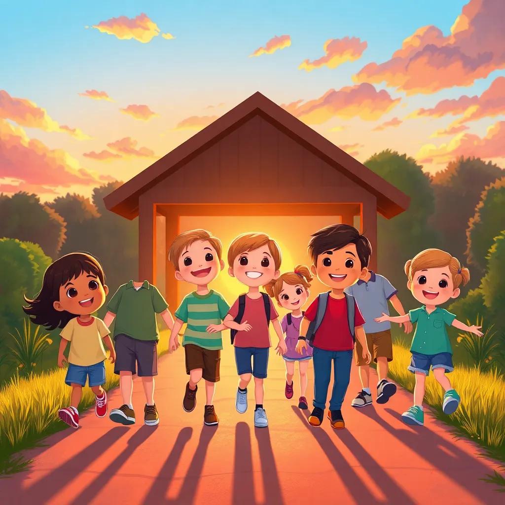 The joyful faces of the children leaving the park, filled with dreams of adventure, colorful sunset casting long shadows, heartwarming scene, illustration, child-friendly