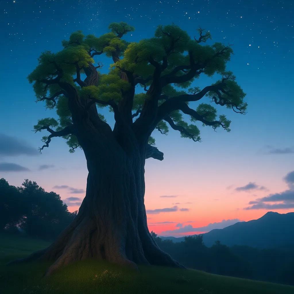 The ancient tree standing tall at dusk, stars beginning to twinkle above, a feeling of magic in the air, calm and peaceful, digital art, enchanting.