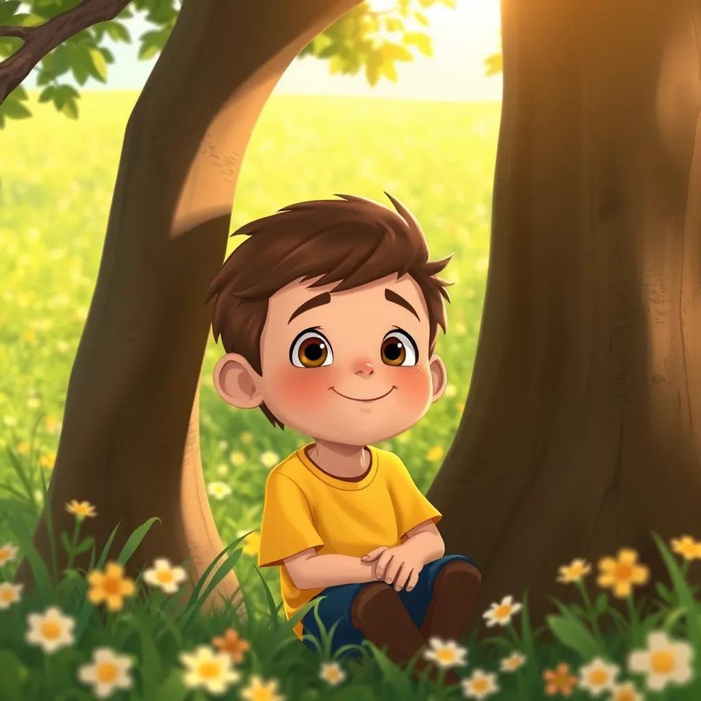 Leo, un niño curioso con cabello rizado y camiseta amarilla, sentado bajo la sombra de Olmo, escuchando atentamente, en un paisaje verde lleno de flores, ilustración, alegre, amigable, alta calidad