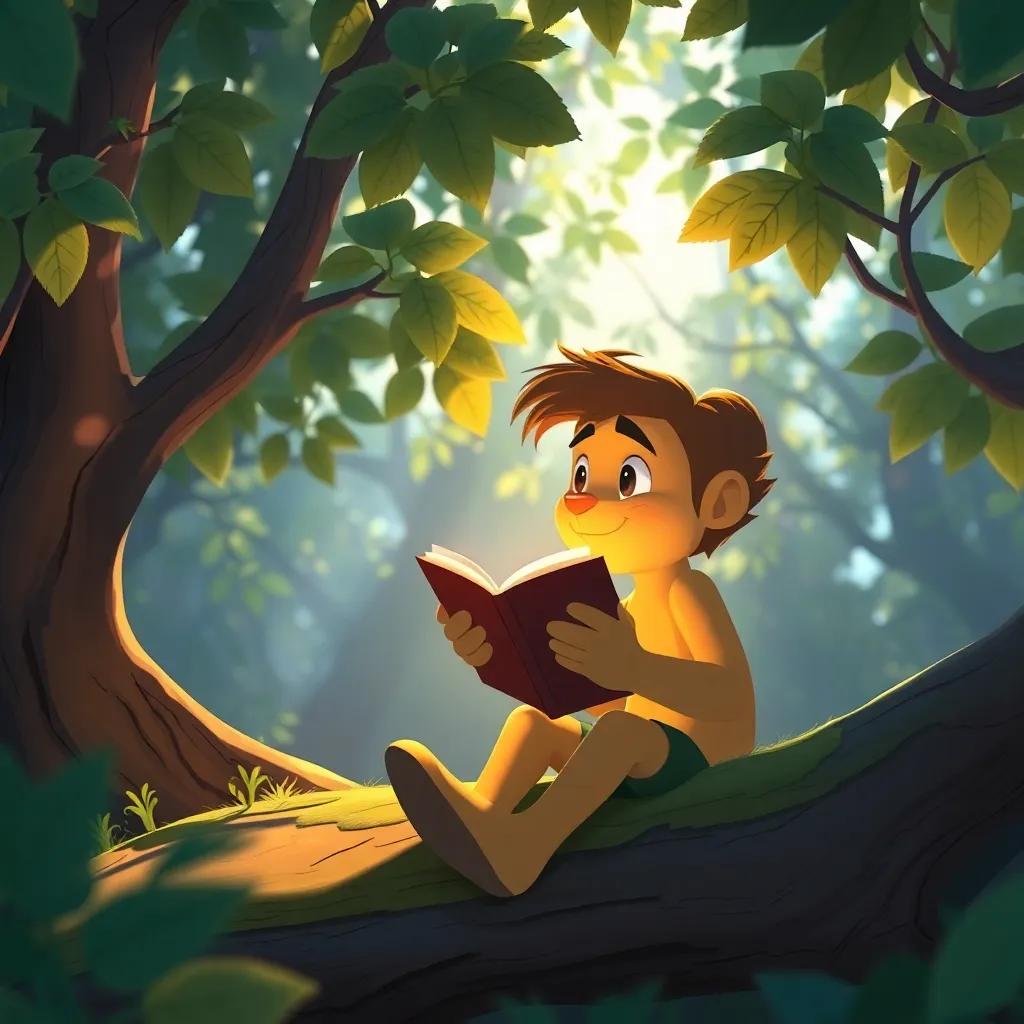 Olmo contando historias a Leo, con reflejos de luz del sol atravesando las hojas, creando un espacio acogedor, ilustración, cálido y encantador, perspectiva cercana, alta calidad