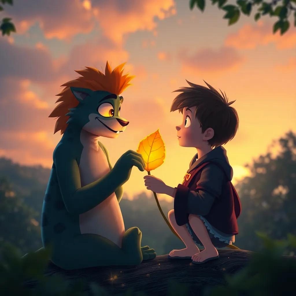 Olmo hablando con Leo al anochecer, el niño sosteniendo una hoja dorada, en un ambiente cálido y acogedor, ilustración, romántica, mágica, alta calidad