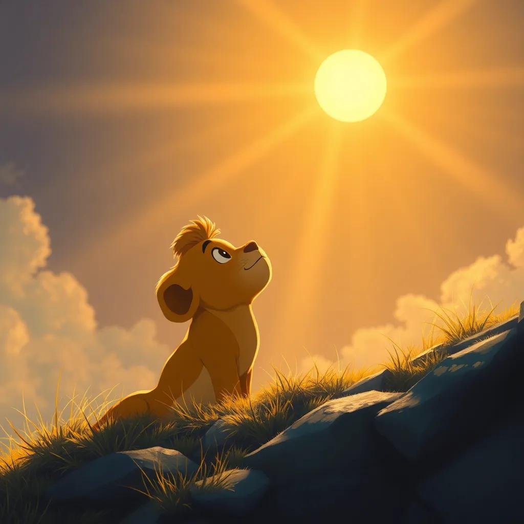 Leo mirando hacia arriba, asombrado por las historias de Olmo, con el sol brillando sobre ellos, ilustración, inspiradora, llena de esperanza, alta calidad