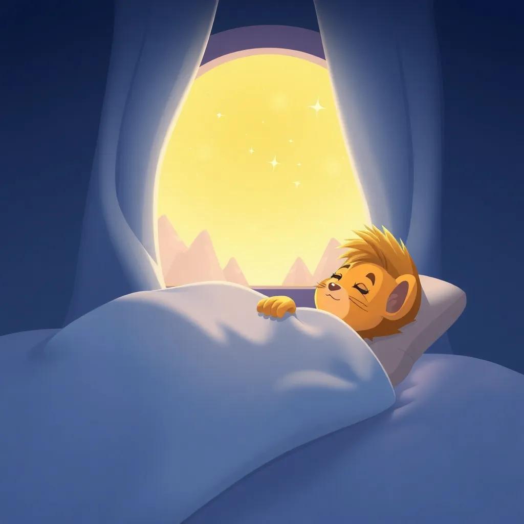 Leo soñando con nuevas aventuras en su cama, con estrellas brillando en la ventana, ilustración, onírica, cálida, alta calidad