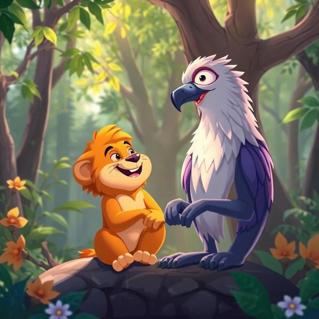 Leo visitando a Olmo cada fin de semana, ambos compartiendo risas y amistad en un vibrante bosque, ilustración, amigable, llena de vida, alta calidad