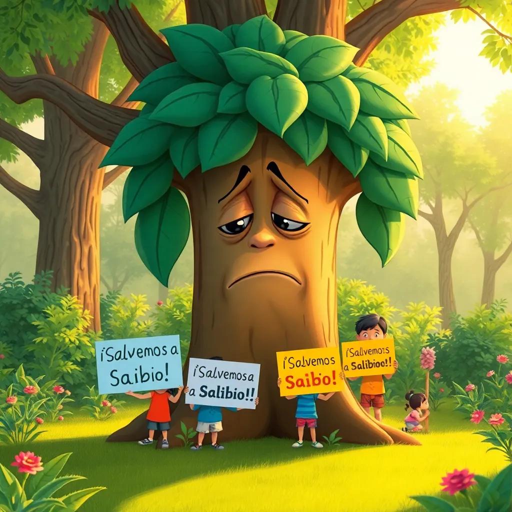 A sad and worried tree named Sabio, with large, drooping leaves, surrounded by children holding colorful signs that say '¡Salvemos a Sabio!', in a park filled with greenery, illustration, emotional scene, warm light, high quality