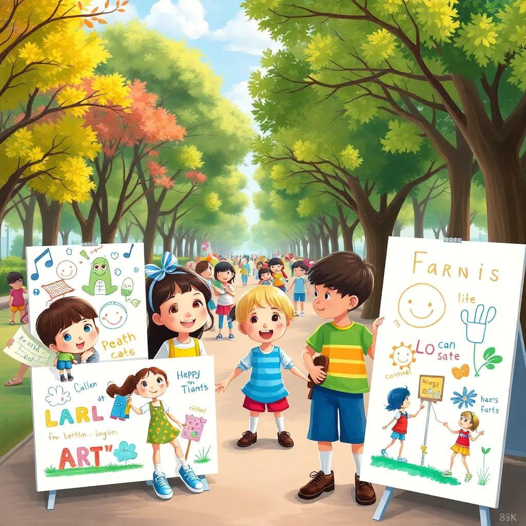 Children painting colorful posters with fun and creative drawings, in a bustling park with trees and families around, joyful atmosphere, bright colors, cheerful energy, high quality