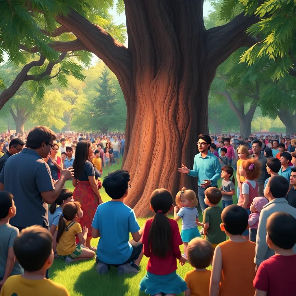 A gathering of families and children around the tree Sabio, speaking passionately about saving him, with a large crowd in the park, vibrant colors, community spirit, high quality