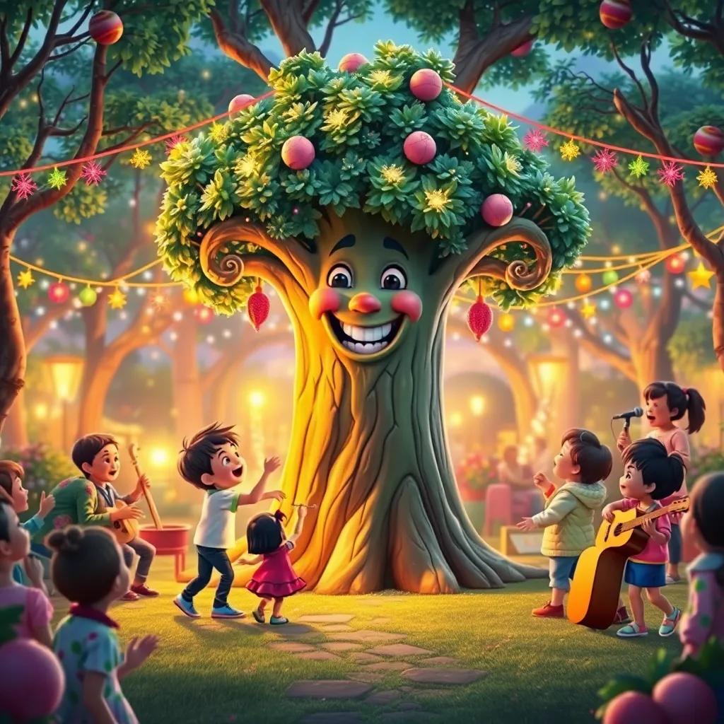 The happy tree Sabio surrounded by children celebrating with music, dancing, and playing instruments, in a beautifully lit park, joyful scene, colorful decorations, high quality