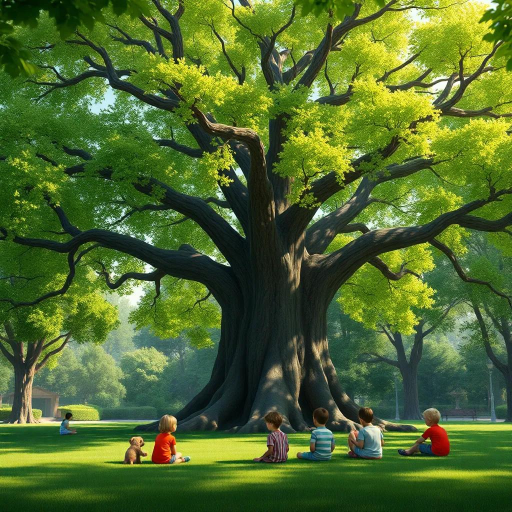 Un gran árbol con hojas verdes brillantes y tronco robusto en un parque tranquilo, rodeado de niños sentados en el suelo escuchando historias, digital art, colorido, ambiente alegre, perspectiva cercana, alta calidad