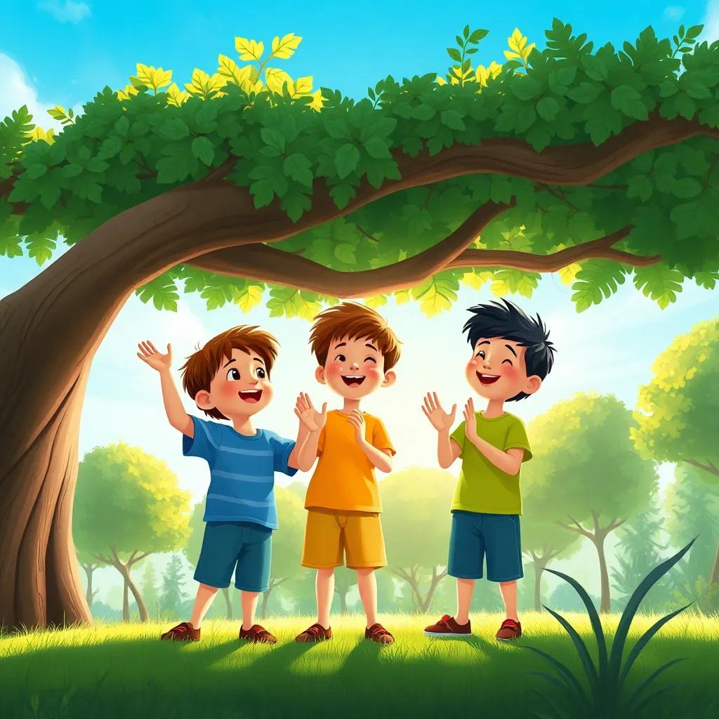 Los niños riendo y aplaudiendo bajo la sombra del árbol, con un fondo de cielo azul y otras plantas del parque, ilustración alegre, rica en color, dinámica, perspectiva amplia