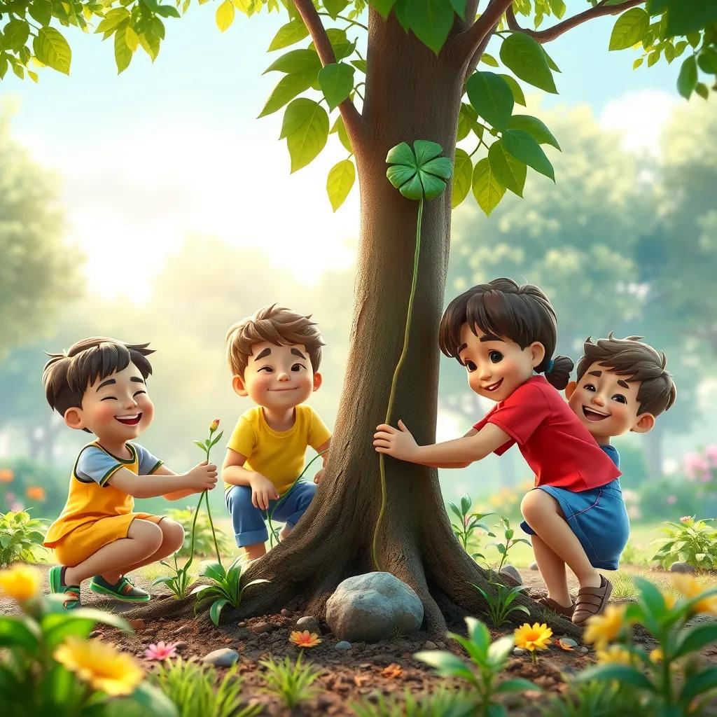 Los niños regando las raíces del árbol y plantando flores alrededor, todos sonriendo mientras trabajan juntos, con un fondo vibrante del parque, escena de colaboración, perspectiva en la acción, calidad alegre