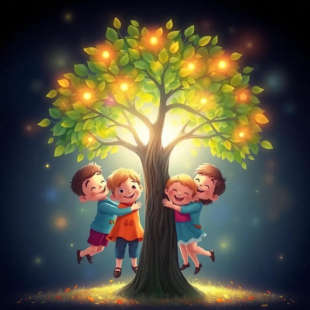 El árbol sonriendo con hojas brillantes, rodeado de niños felices que se abrazan, con un fondo luminoso y colorido, tono de celebración, ilustración vibrante, alta calidad