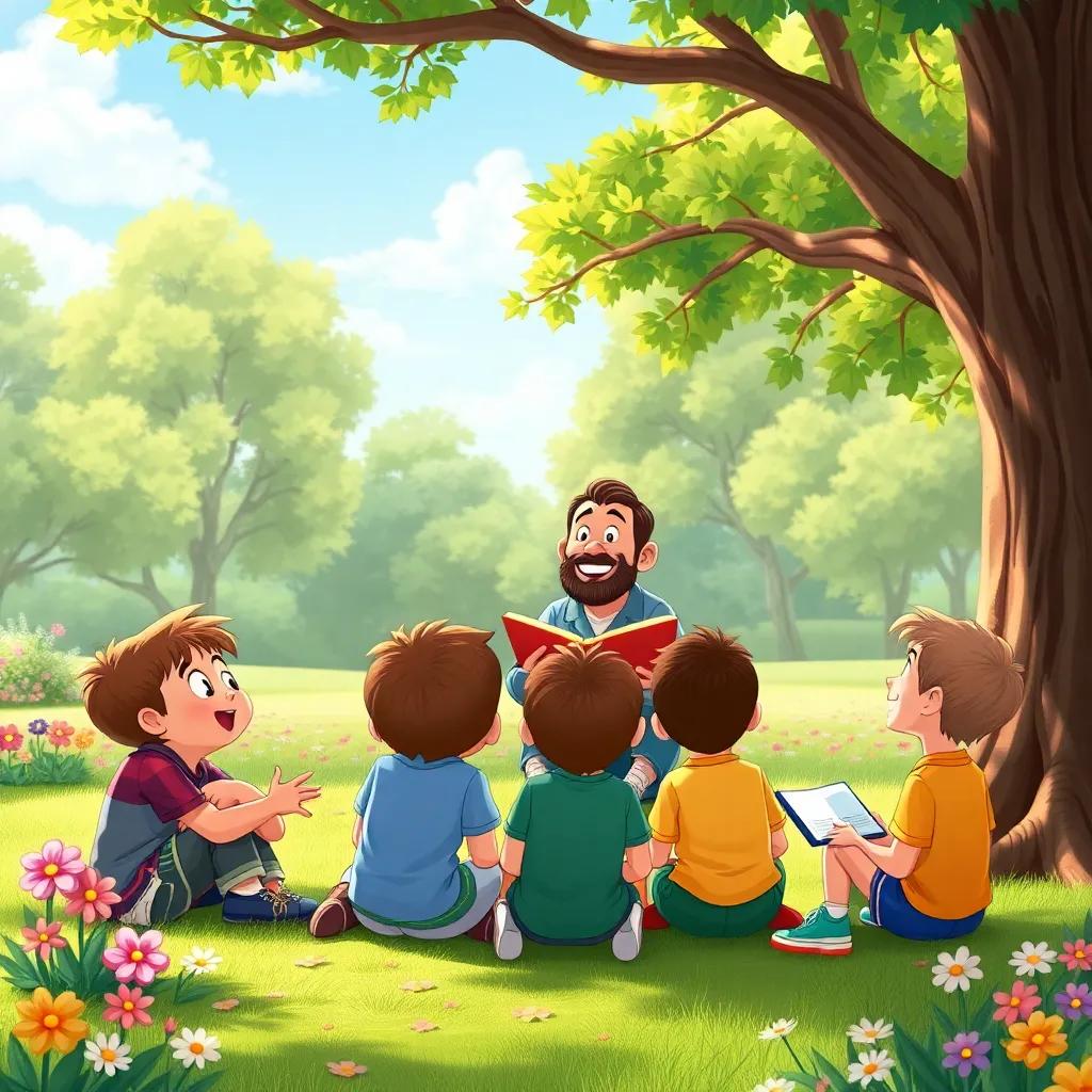 A group of children sitting excitedly under the tree, listening attentively to Sabio as he tells his stories, surrounded by vibrant park scenery with flowers and sunshine, illustration, cheerful, child-friendly