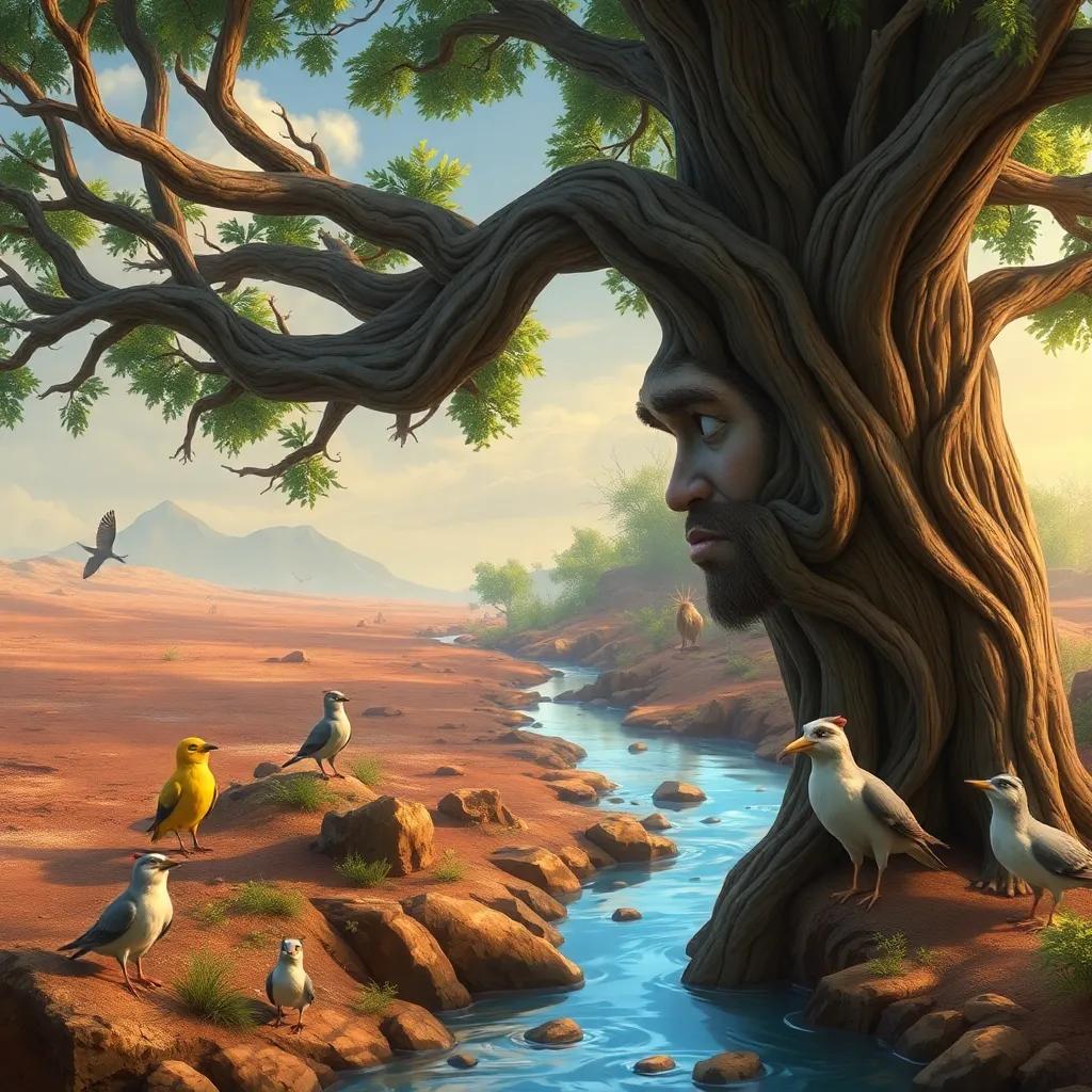 The wise tree Sabio looking concerned as he gazes at a drying river with sad-looking birds and animals around, conveying a sense of urgency, detailed, storytelling, fantasy