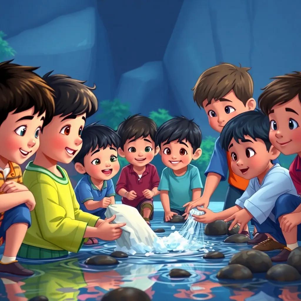 The children gathering together, making plans and cleaning the river, with determination on their faces as they work as a team, vibrant colors, heartwarming scene, uplifting