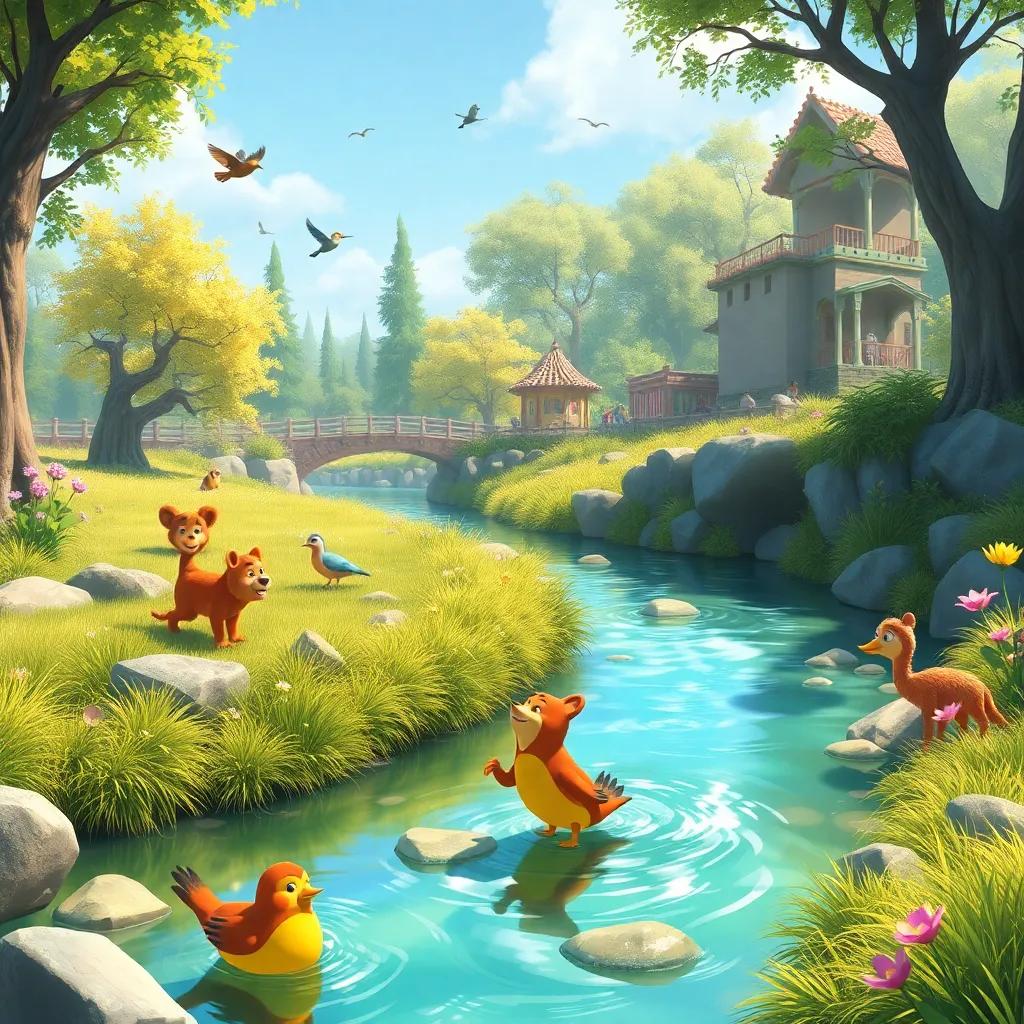 The river flowing beautifully again with birds singing and animals happy, with Sabio in the background smiling at the children who helped revive the park, bright, hopeful atmosphere, digital painting