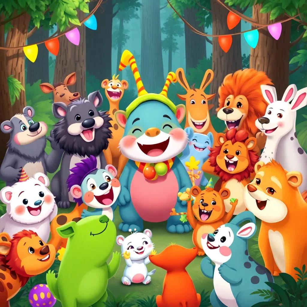 All the animals of the forest gathering around Abeto, with joyful expressions and colorful decorations, excited for the party, illustration, cheerful, adventure-themed, child-friendly