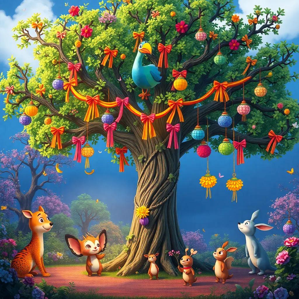 Abeto decorated with bright ribbons and colorful flowers hanging from its branches, surrounded by other trees and animals looking at it admiringly, bright colors, magical atmosphere, high quality