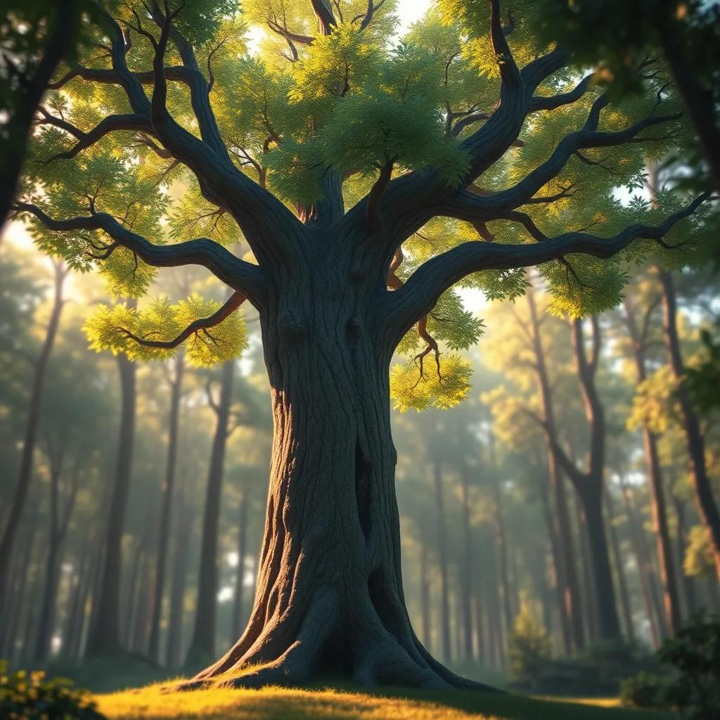 A wise old tree, Abeto, with a thick trunk and green leaves, standing tall in a sunlit forest, looking towards the sky, digital art, warm colors, peaceful atmosphere, high quality