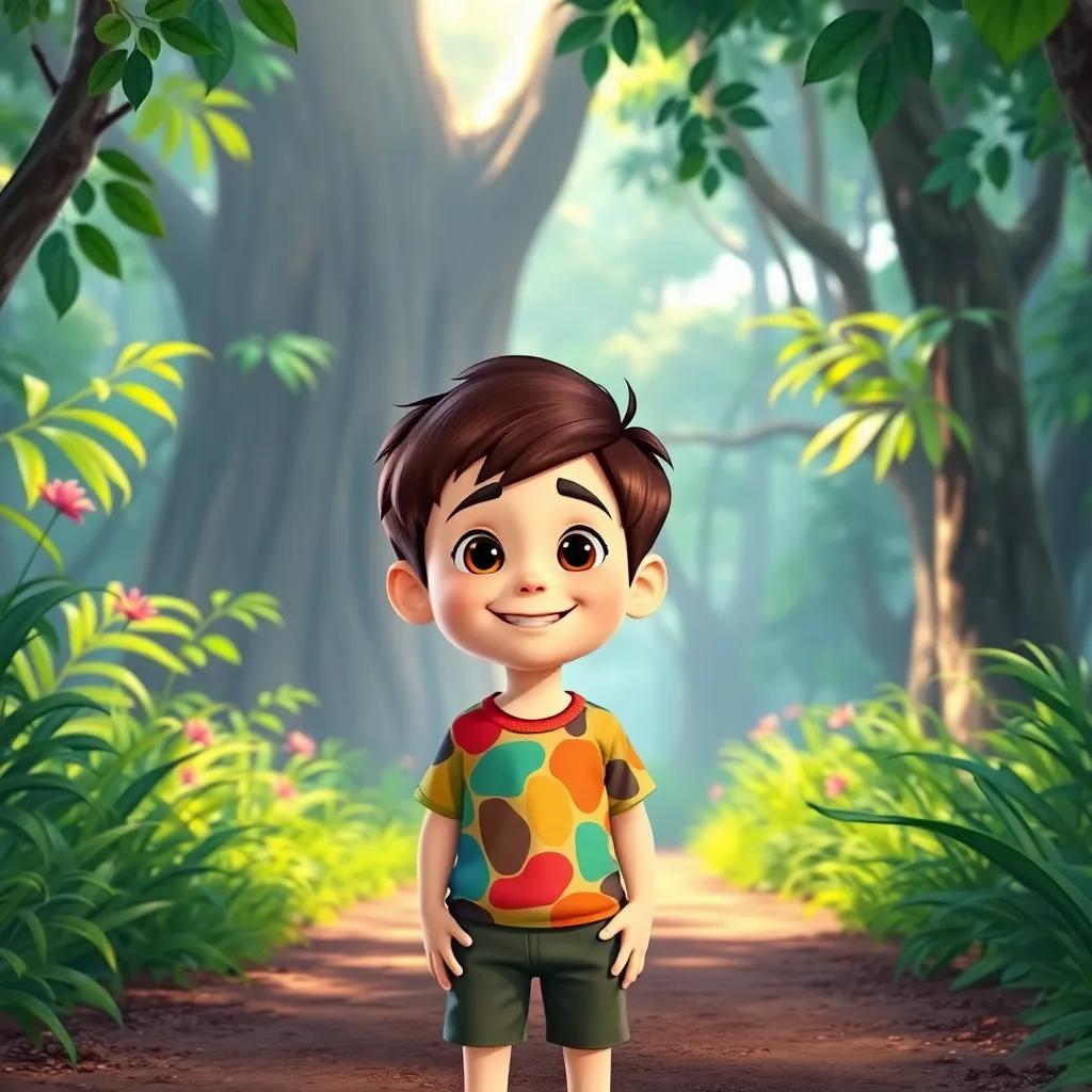 A young boy named Lucas, with short brown hair, wearing a colorful T-shirt and shorts, smiling as he approaches Abeto, in a vibrant green forest, illustration, cheerful, inviting, child-friendly