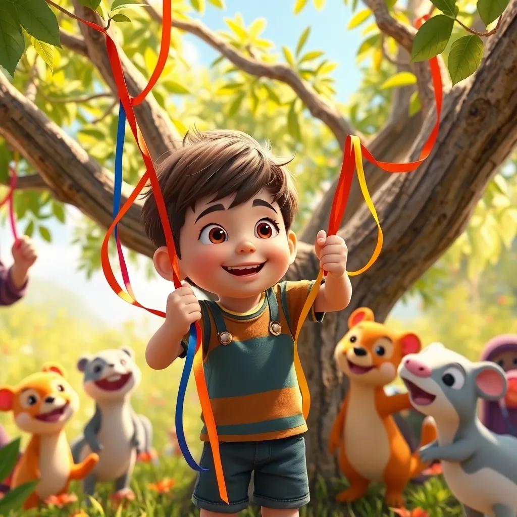 Lucas tying colorful ribbons to the branches of Abeto, surrounded by happy friends helping him, with bright nature behind, joyful scene, bright colors, playful perspective