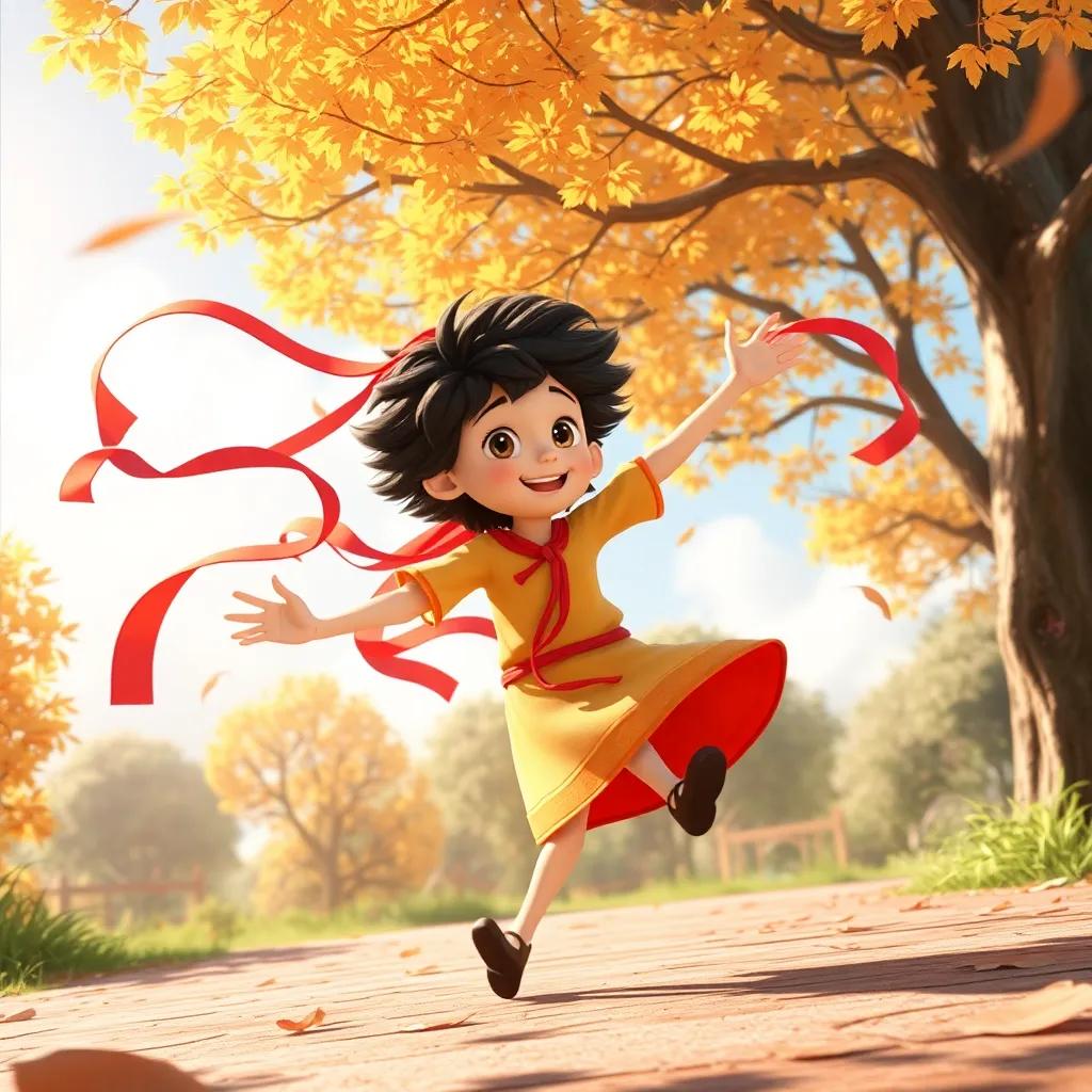 Abeto dancing with ribbons in the wind, leaves swaying gracefully, cheerful trees around him, a beautiful sunny day, lively atmosphere, magical scene, vibrant