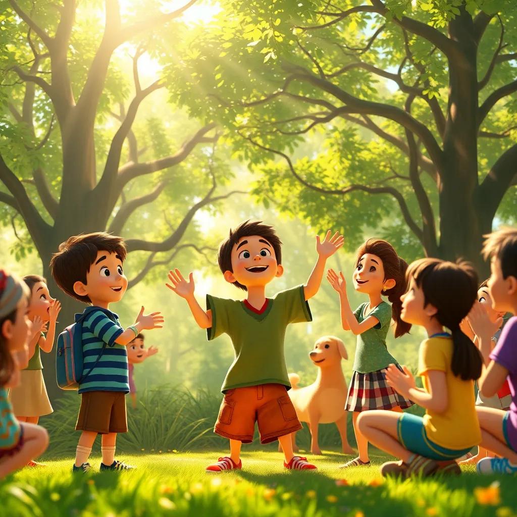 Lucas and his friends cheering and clapping as they watch Abeto dance, trees in the background alive with movement, bright sunlight filtering through leaves, joyous celebration, colorful, uplifting