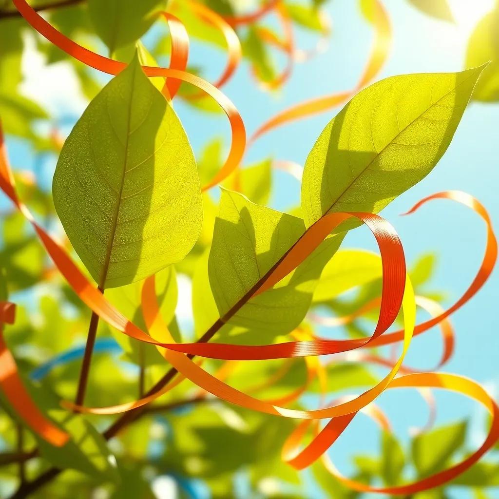A close-up of Abeto's leaves fluttering in the wind, with colorful ribbons swirling around, creating a melody that resonates in the air, glorious sunshine, enchanting nature, detailed
