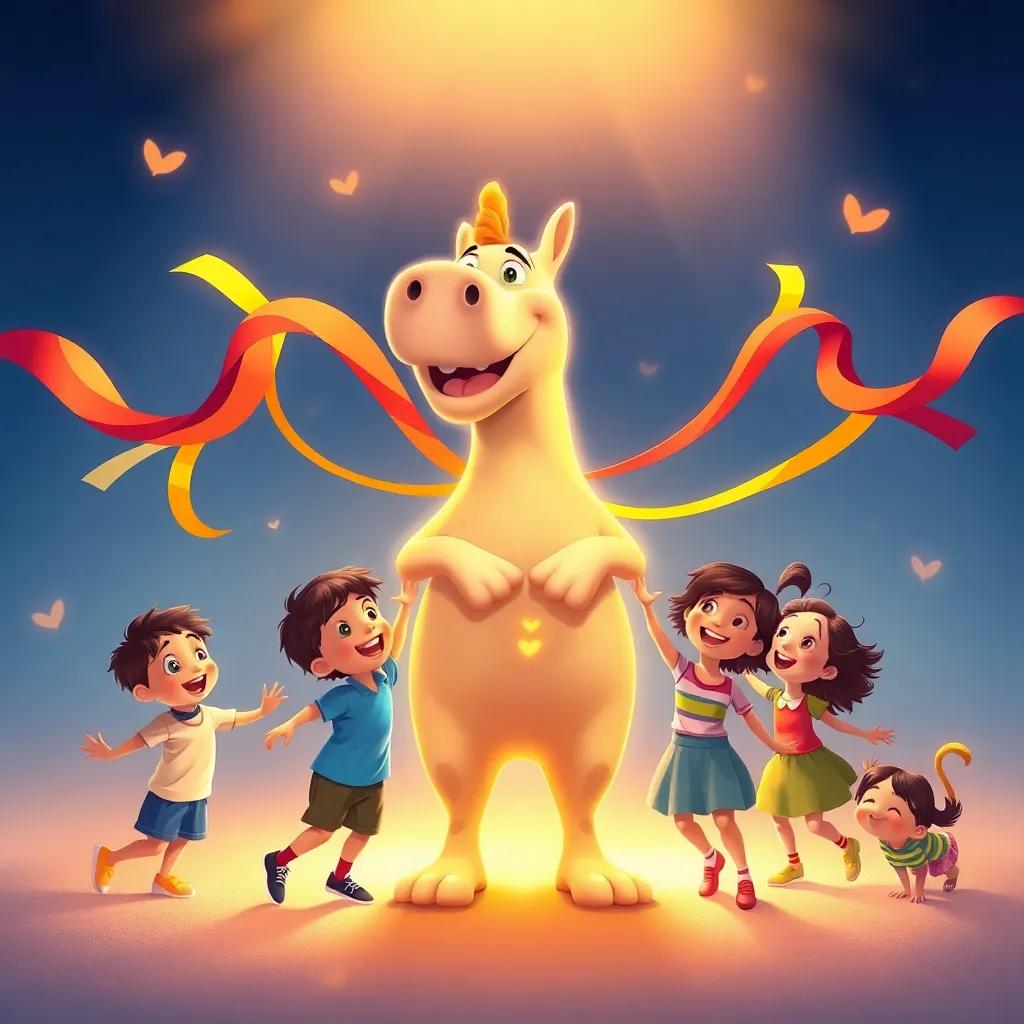 Children laughing and frolicking around Abeto, who stands proudly with vibrant ribbons, filled with joy and love, capturing the essence of friendship, warm light, lively