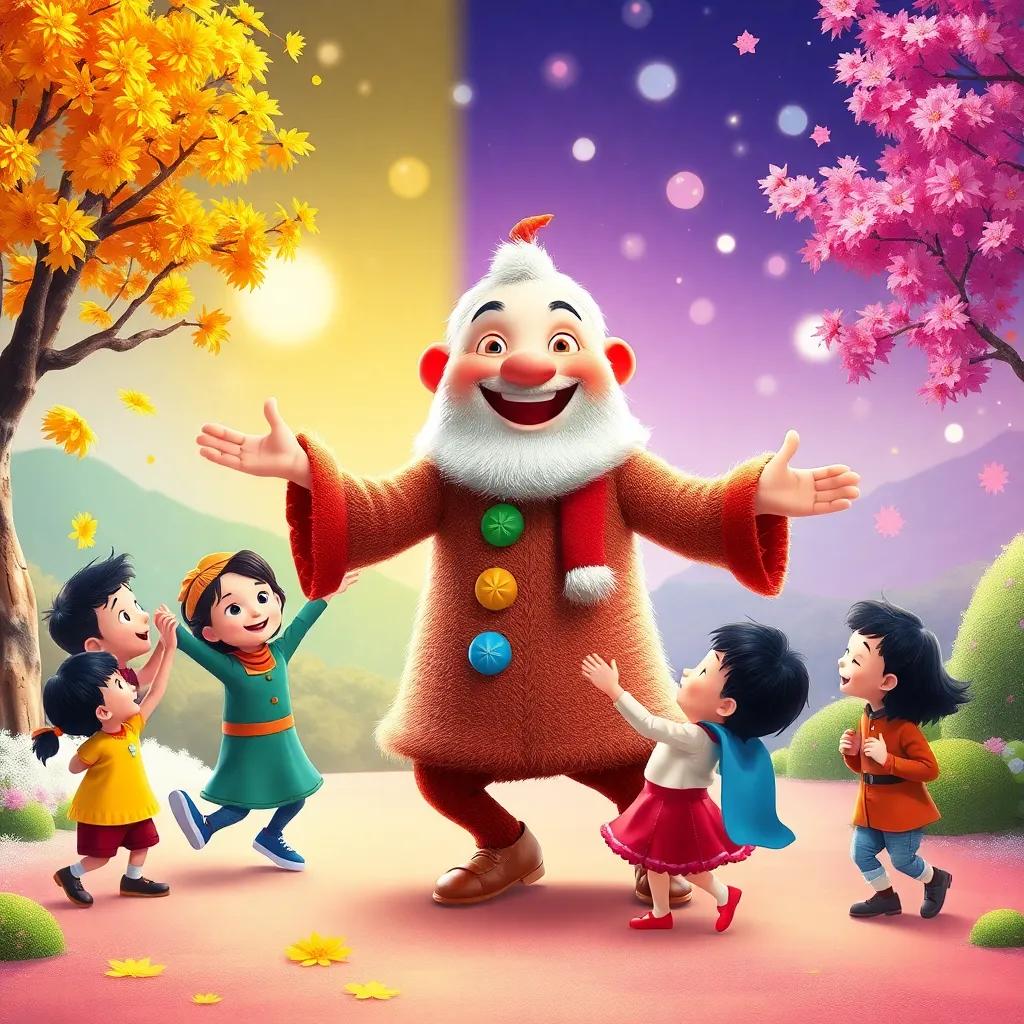 Abeto dancing joyfully in different seasons, with children visiting him throughout the year, celebrating every moment, colorful transition, imaginative scene, heartwarming