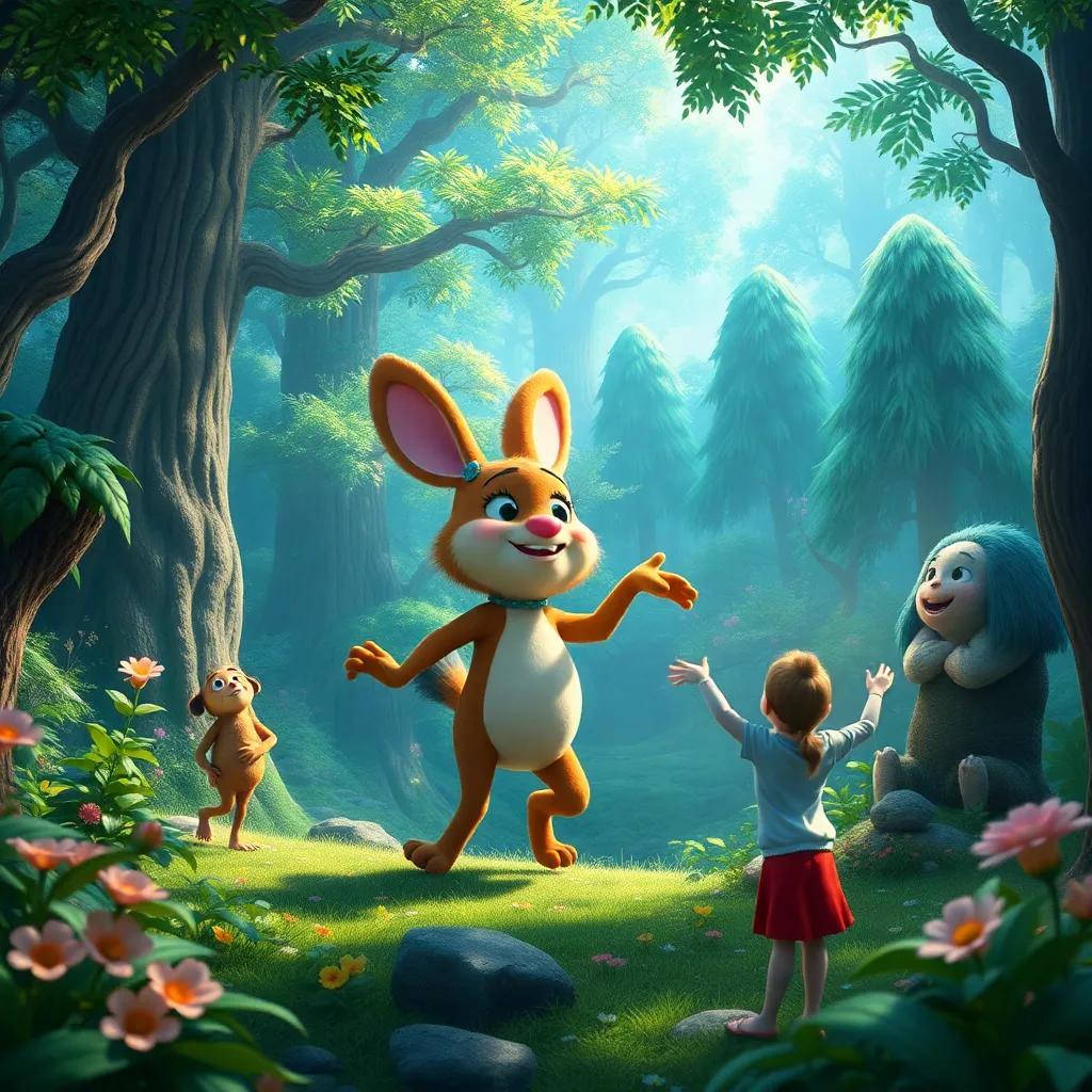 The magical forest, alive and vibrant, showcasing the unity of nature and friendship, where Abeto continues to dance and brings happiness to others, enchanting landscape, beautiful