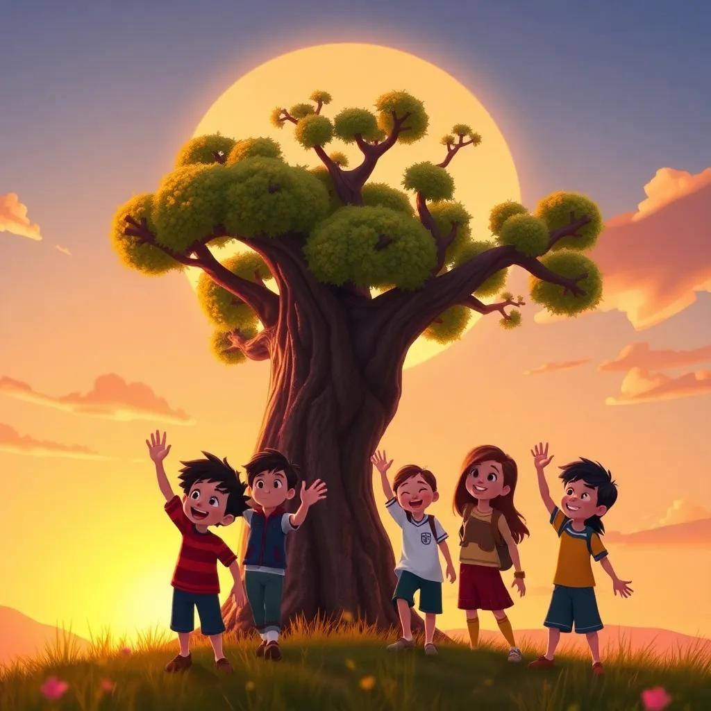 A sunset background with Abeto the tree swaying gently, Lucas and his friends waving and smiling, portraying joy and togetherness, warm colors, emotional scene, uplifting