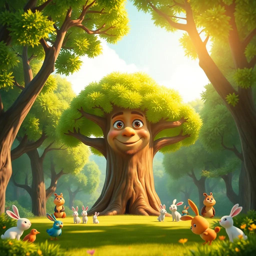 A big, friendly tree in a sunny forest, with lush green leaves and a serene expression, surrounded by cheerful animals like rabbits and birds, digital art, vibrant colors, warm sunlight, encouraging a sense of community