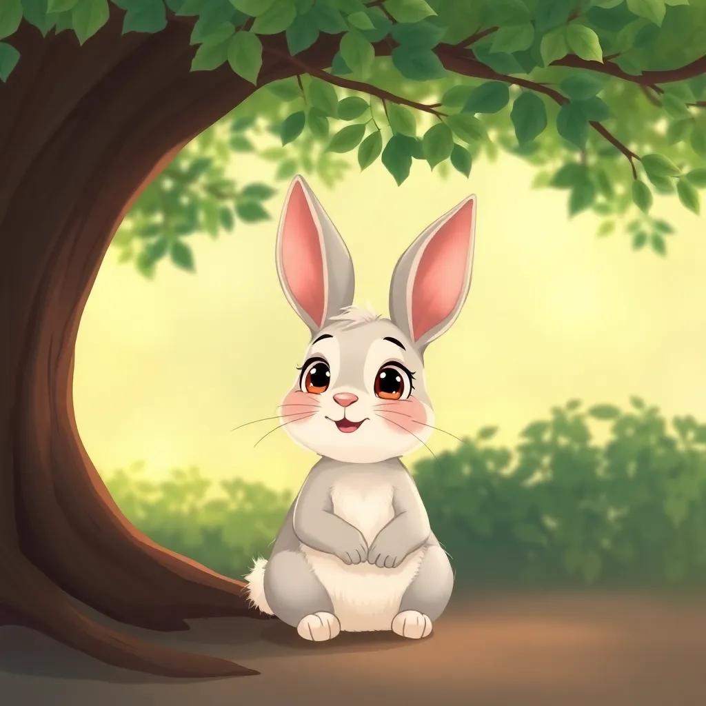 A little rabbit sitting happily under the big tree, with bright eyes and fluffy ears, looking up at the branches and listening, illustration, cozy atmosphere, child-friendly
