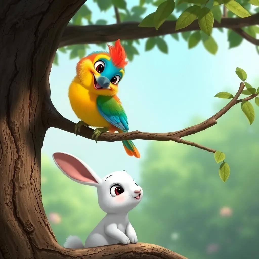 A curious bird perched on a branch of the tree, with colorful feathers and a cheerful demeanor, looking down at the rabbit and smiling, artistic, whimsical style, nature background