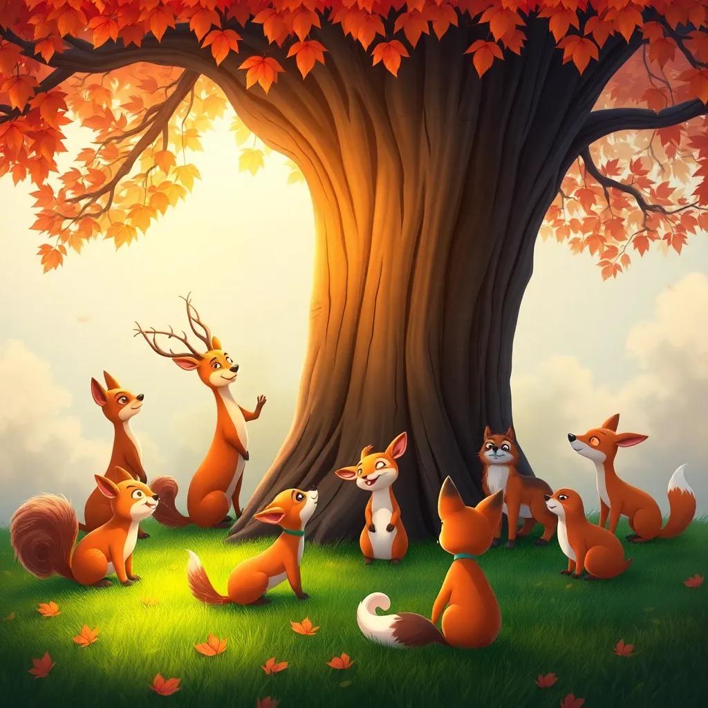 Various animals like squirrels, deer, and foxes gathering around the tree, all listening and engaging with the tree's soft rustling leaves, warm colors, joyful scene, friendly interaction