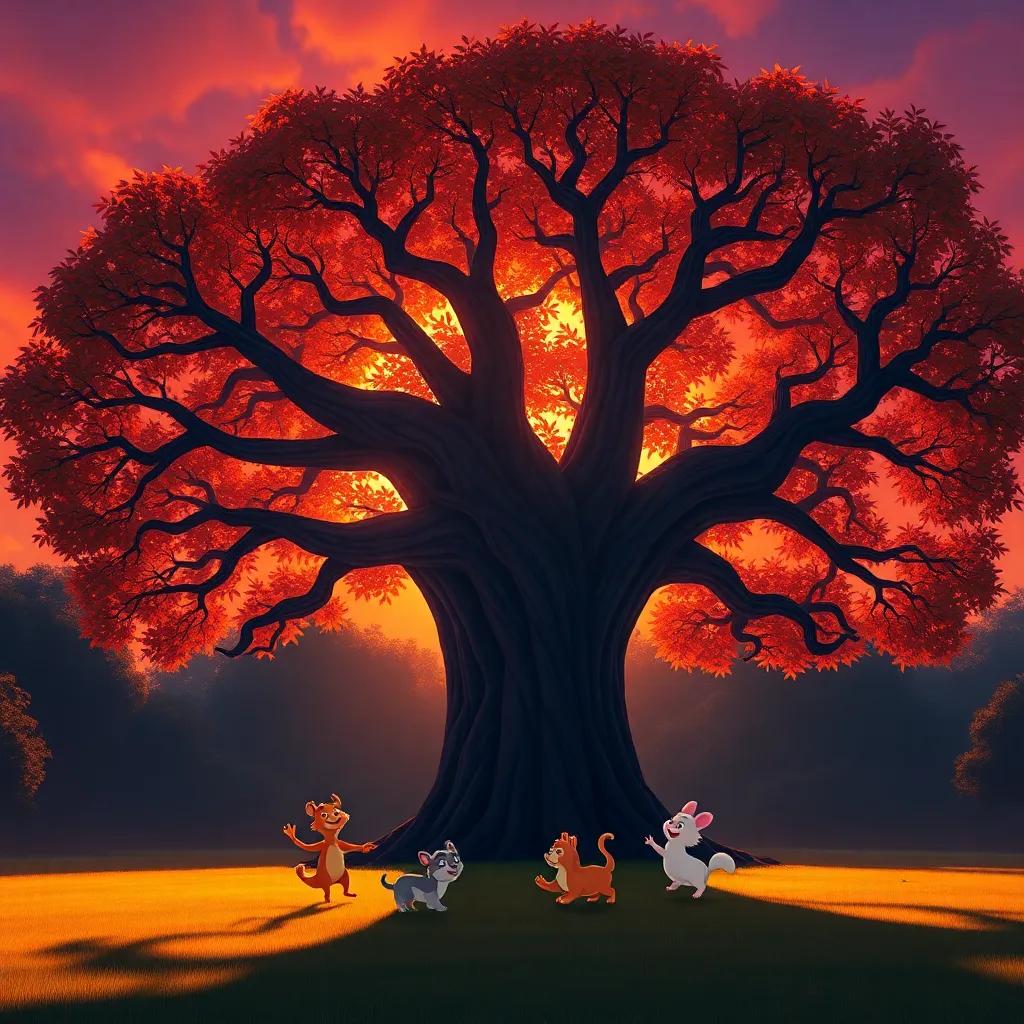 The big tree at sunset, casting long shadows, with animals dancing around it, joyfully enjoying the sounds of the leaves, deep orange and purple hues, magical atmosphere, friendship