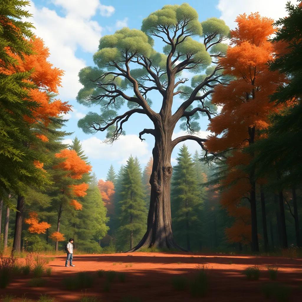 A lonely tree in a forest clearing, tall and strong with long branches, looking sad, surrounded by laughing trees, digital art, vibrant colors, joyful atmosphere, inviting scene