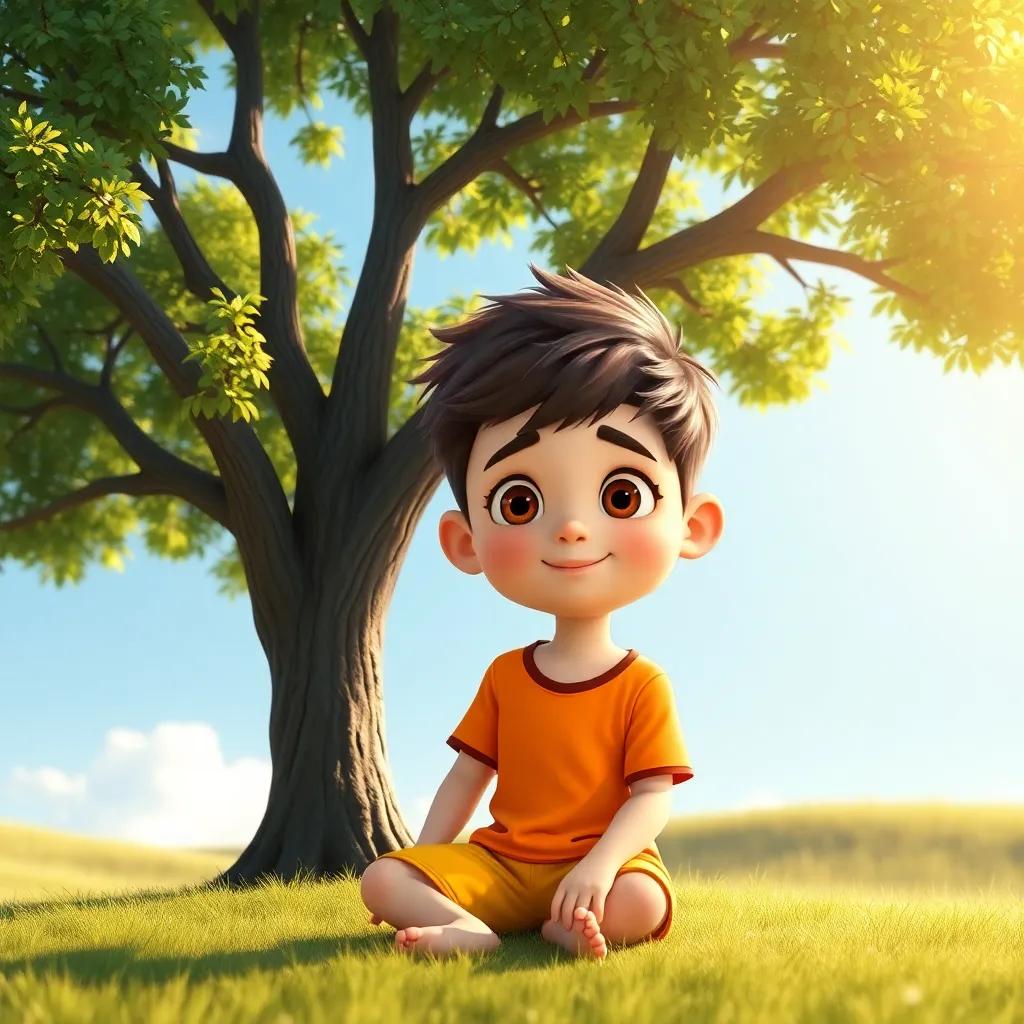 A young boy with short hair, wearing a bright t-shirt and shorts, sitting under the lonely tree, looking curious and friendly, warm sunlight, cheerful setting, child-friendly