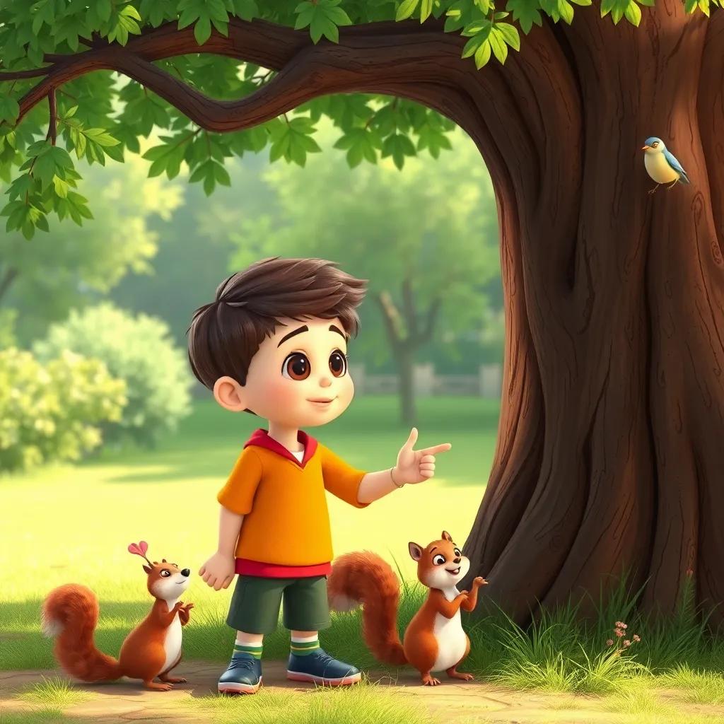 The boy suggesting kindness to the tree, pointing at animals playing nearby, friendly squirrels and birds, animated expression, bright colors, engaging composition