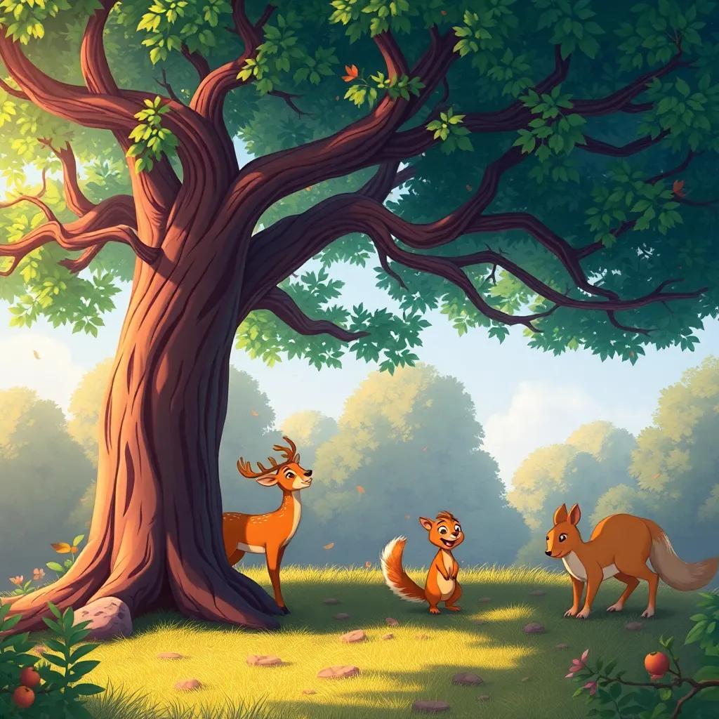 The tree, providing shade to animals like a deer and a playful squirrel, a vibrant scene full of life, digital illustration, rich colors, happy atmosphere, lively