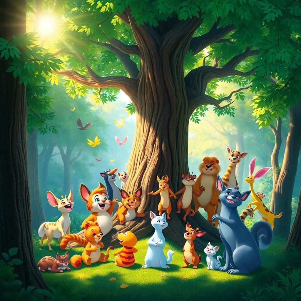 The tree surrounded by various forest animals, all playing together, laughter in the air, bright sunshine filtering through the leaves, a celebration of friendship, colorful, uplifting