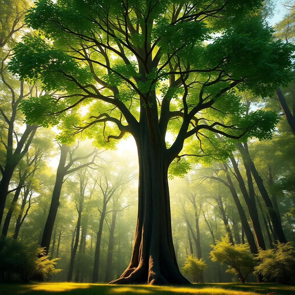 A tall tree with lush green leaves, standing alone in a bright forest with dappled sunlight filtering through, looking sad, digital art, vibrant colors, warm atmosphere, high quality