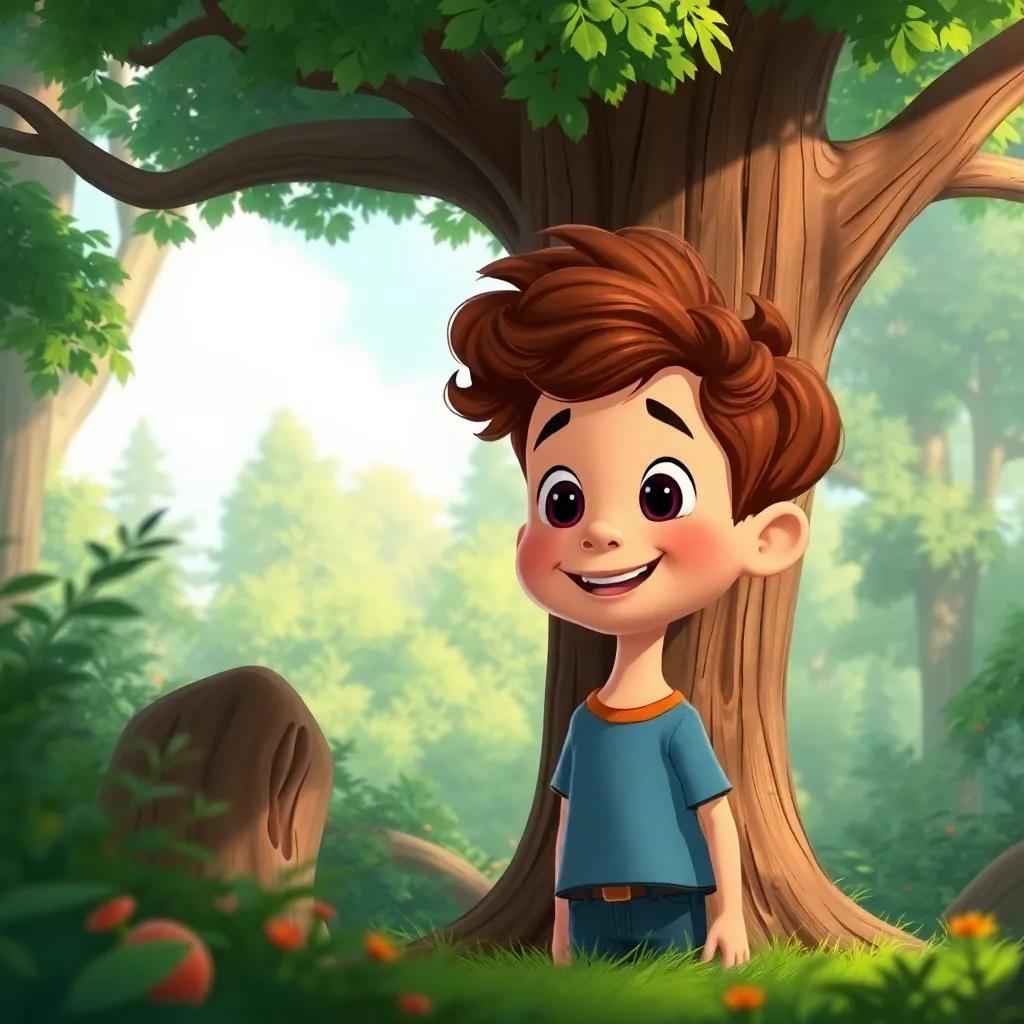 A curious boy named Lucas, with curly hair and a bright smile, standing under the tall tree, talking to it, the forest around him lush and inviting, cheerful illustration, joyful, high quality