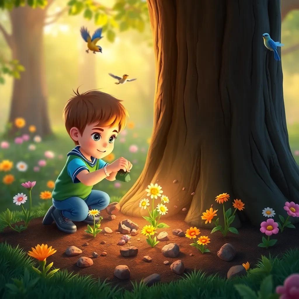 Lucas planting flower seeds around the tree trunk, bright flowers beginning to sprout, surrounded by singing birds, lively digital art, colorful, engaging, high quality