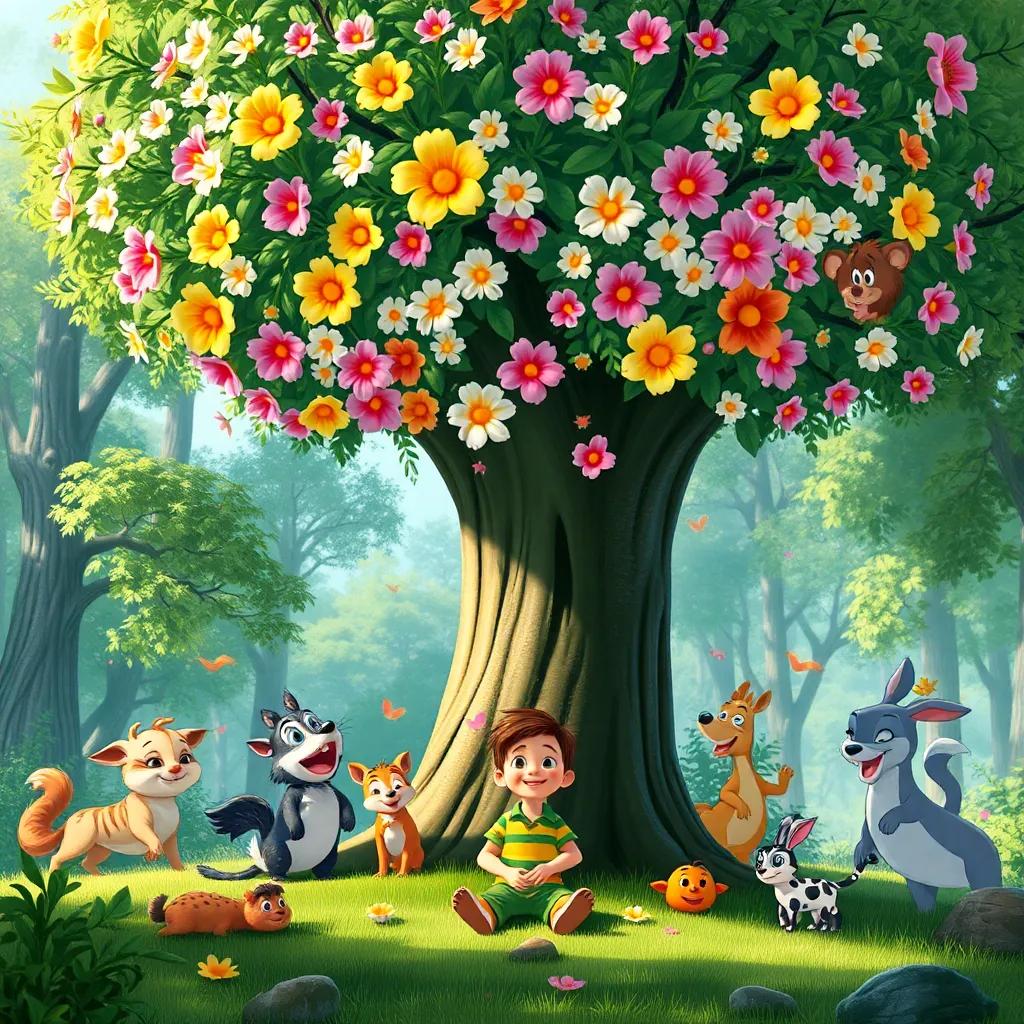 A happy tree with many flowers, surrounded by animals playing joyfully, Lucas sitting at the base, smiling broadly, a sunny day in the forest, vibrant colors, heartwarming scene, high quality