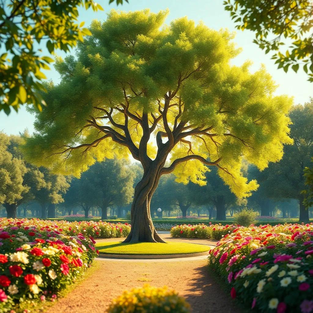 Un hermoso árbol solitario con ramas largas y verdes, en un parque soleado, rodeado de flores coloridas, digital art, brillante y alegre, perspectiva en ángulo bajo, enfoque nítido, escena iluminada