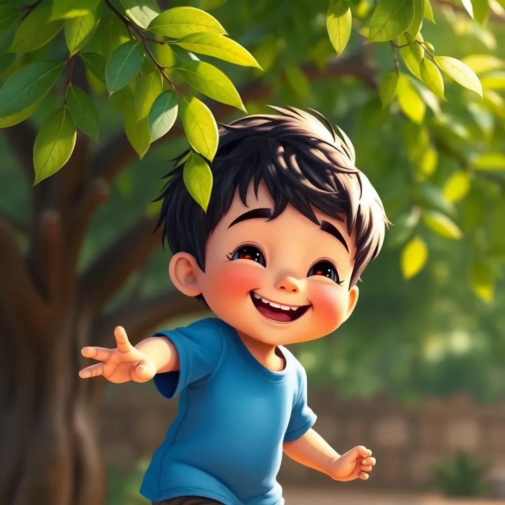 Un niño pequeño, con cabello rizado y camiseta azul, jugando felizmente bajo el árbol, con una sonrisa en su rostro, digital art, vibrante, cálido, visión cercana, colorido