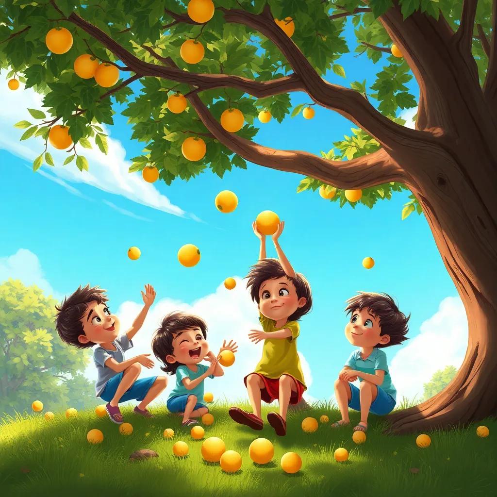 Un grupo de niños riendo y jugando debajo del árbol, recogiendo bellotas caídas, con un cielo azul y nubes esponjosas, ilustración, alegre y divertida, atmosférica, imagen vívida